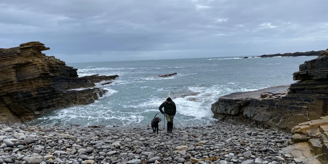 man-taking-a-stroll-on-pebble-beach-with-dog